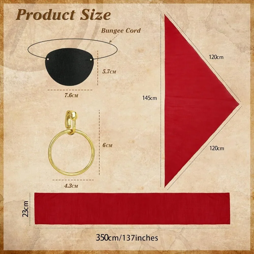 Men Women Pirate Costume Accessories Set Bandana Sash Necklace Eye Patch